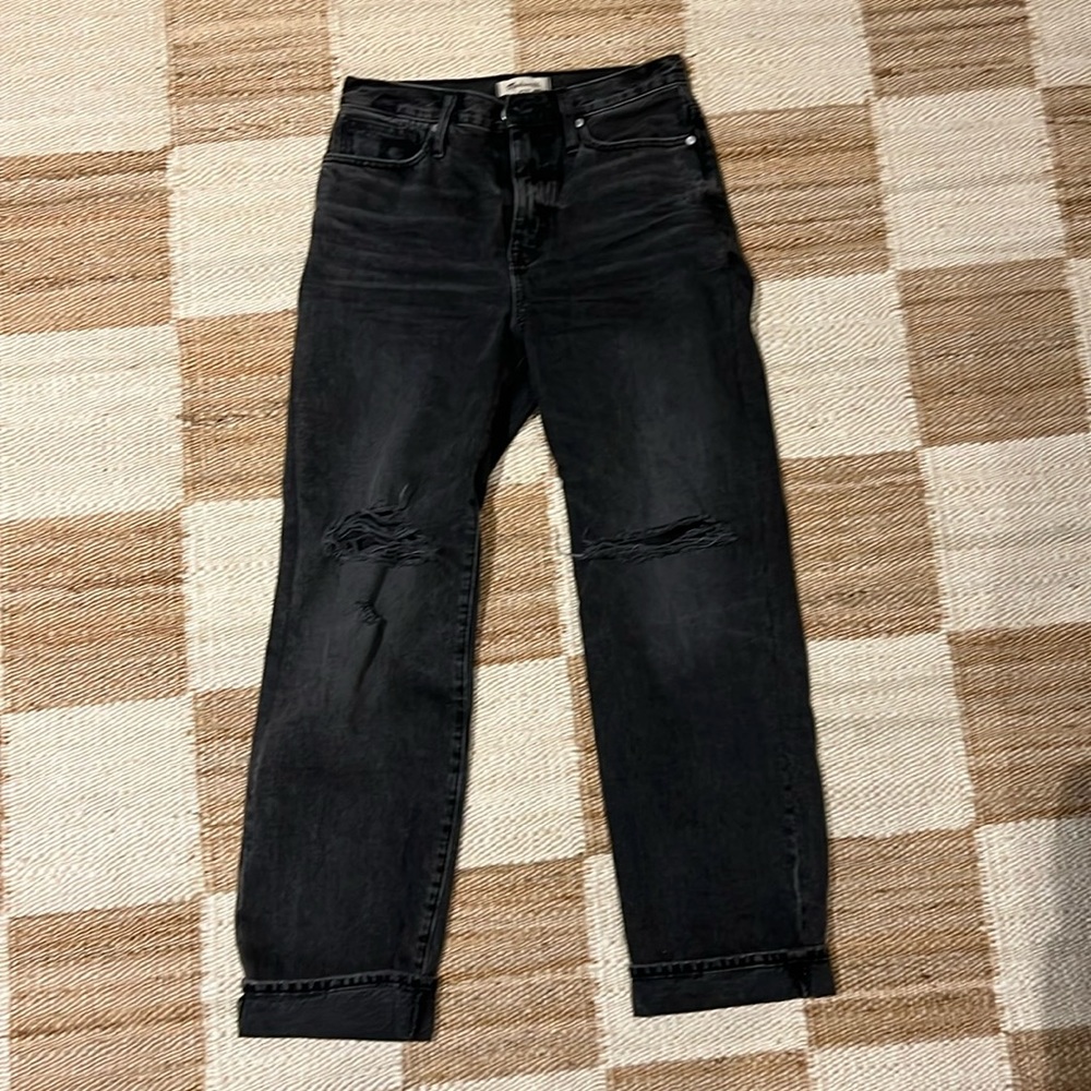 Madewell, gray high-rise, wide-leg jeans with holes at knees.